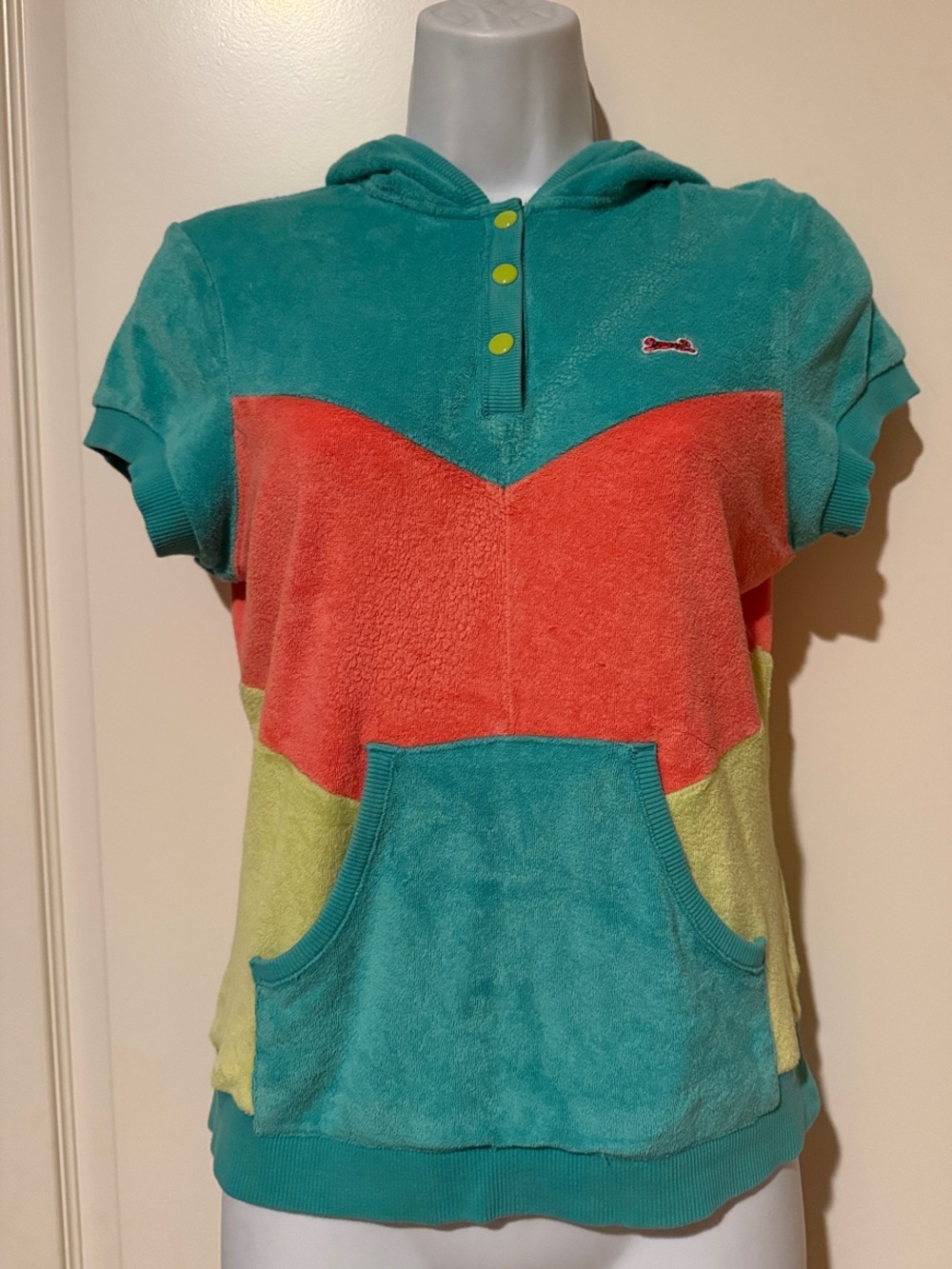 Le Tigre 🐅 Short Sleeve Hooded Terry Top Teal Coral & Lime S